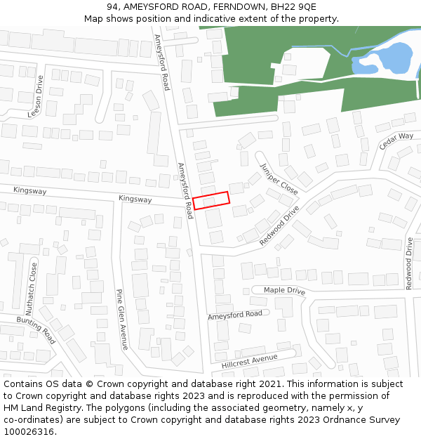 94, AMEYSFORD ROAD, FERNDOWN, BH22 9QE: Location map and indicative extent of plot