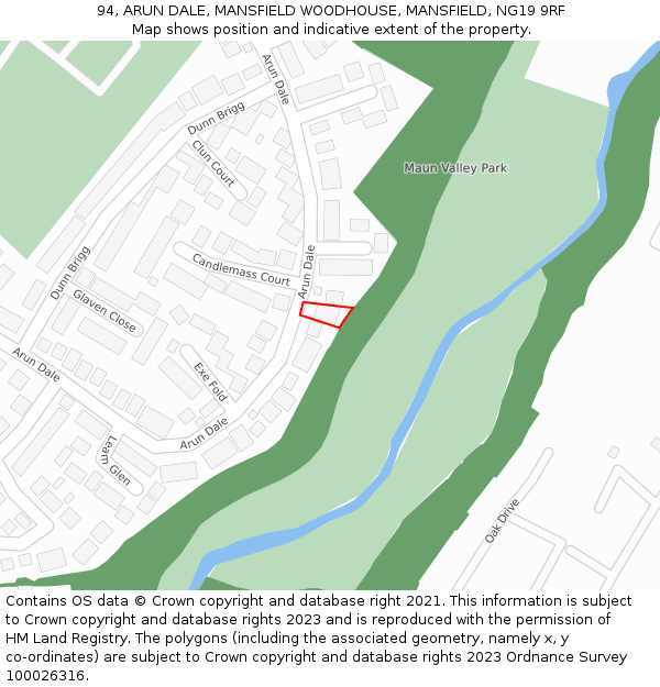 94, ARUN DALE, MANSFIELD WOODHOUSE, MANSFIELD, NG19 9RF: Location map and indicative extent of plot