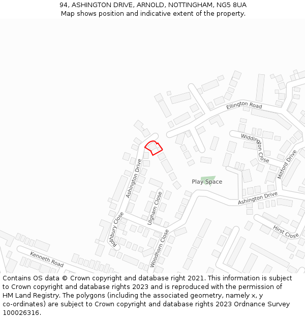 94, ASHINGTON DRIVE, ARNOLD, NOTTINGHAM, NG5 8UA: Location map and indicative extent of plot