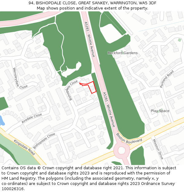 94, BISHOPDALE CLOSE, GREAT SANKEY, WARRINGTON, WA5 3DF: Location map and indicative extent of plot