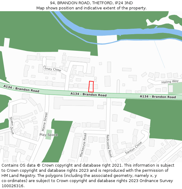 94, BRANDON ROAD, THETFORD, IP24 3ND: Location map and indicative extent of plot