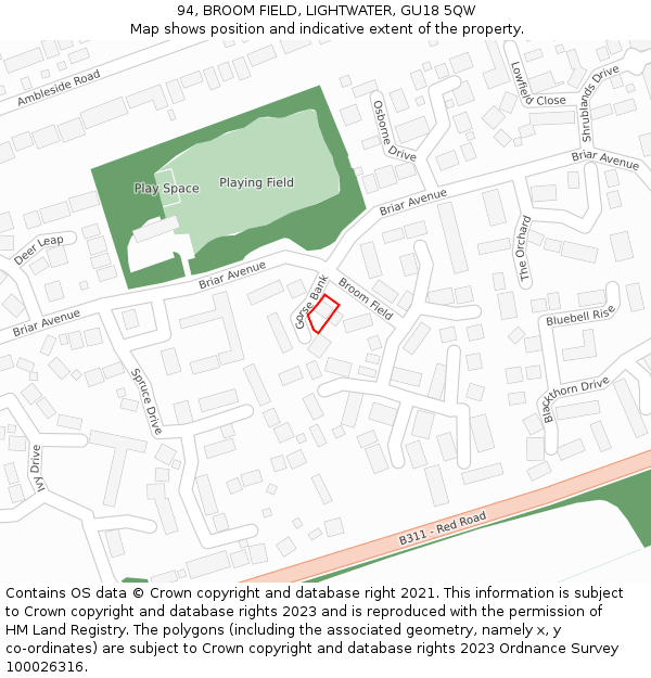 94, BROOM FIELD, LIGHTWATER, GU18 5QW: Location map and indicative extent of plot