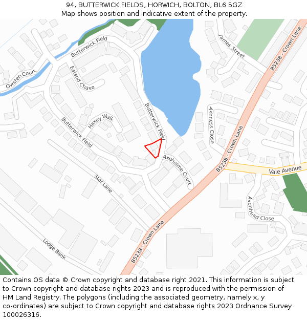 94, BUTTERWICK FIELDS, HORWICH, BOLTON, BL6 5GZ: Location map and indicative extent of plot