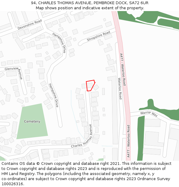 94, CHARLES THOMAS AVENUE, PEMBROKE DOCK, SA72 6UR: Location map and indicative extent of plot