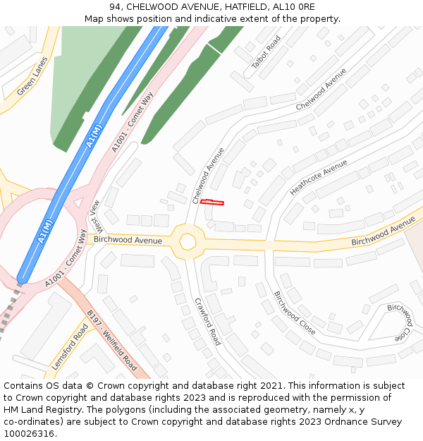 94, CHELWOOD AVENUE, HATFIELD, AL10 0RE: Location map and indicative extent of plot