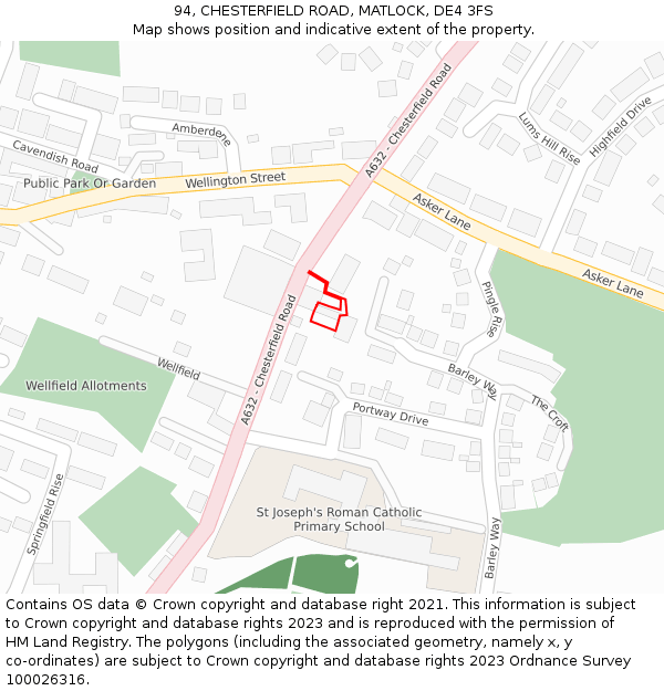 94, CHESTERFIELD ROAD, MATLOCK, DE4 3FS: Location map and indicative extent of plot