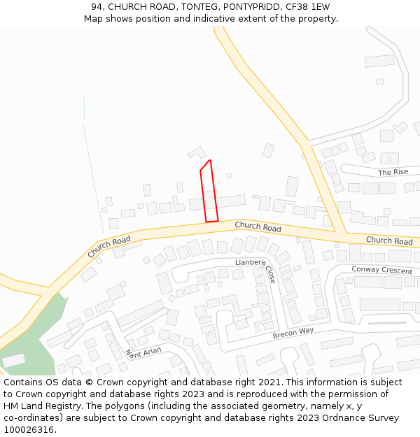 94, CHURCH ROAD, TONTEG, PONTYPRIDD, CF38 1EW: Location map and indicative extent of plot