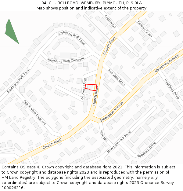 94, CHURCH ROAD, WEMBURY, PLYMOUTH, PL9 0LA: Location map and indicative extent of plot