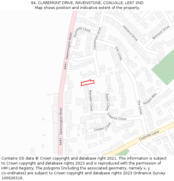 94, CLAREMONT DRIVE, RAVENSTONE, COALVILLE, LE67 2ND: Location map and indicative extent of plot