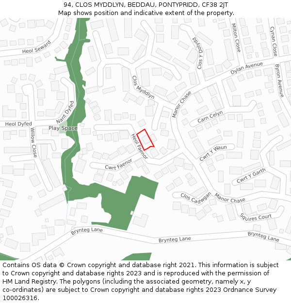 94, CLOS MYDDLYN, BEDDAU, PONTYPRIDD, CF38 2JT: Location map and indicative extent of plot
