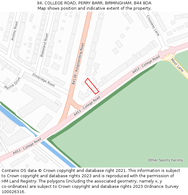 94, COLLEGE ROAD, PERRY BARR, BIRMINGHAM, B44 8DA: Location map and indicative extent of plot