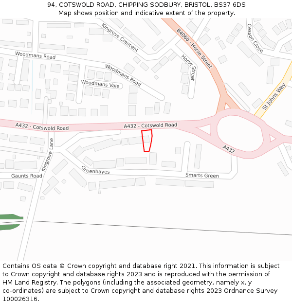 94, COTSWOLD ROAD, CHIPPING SODBURY, BRISTOL, BS37 6DS: Location map and indicative extent of plot