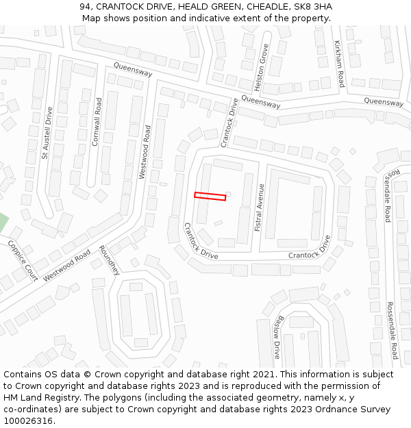 94, CRANTOCK DRIVE, HEALD GREEN, CHEADLE, SK8 3HA: Location map and indicative extent of plot