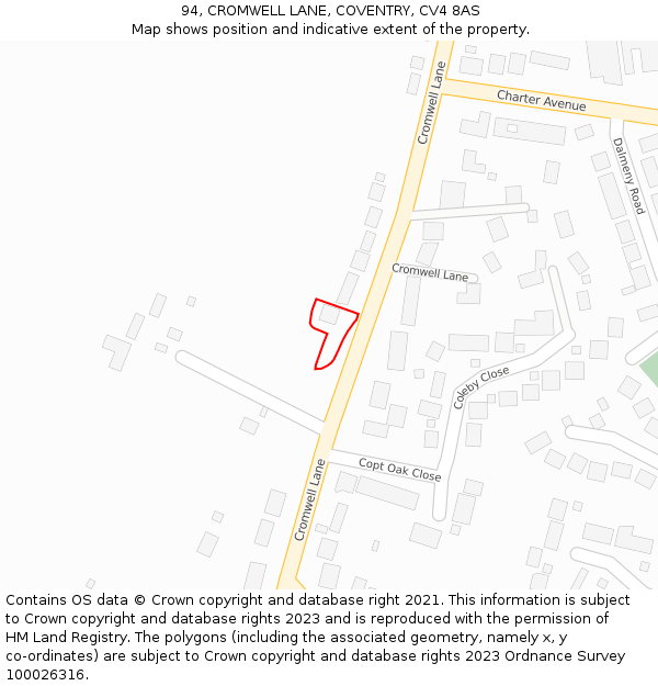 94, CROMWELL LANE, COVENTRY, CV4 8AS: Location map and indicative extent of plot