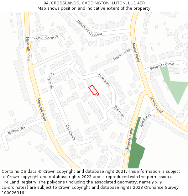 94, CROSSLANDS, CADDINGTON, LUTON, LU1 4ER: Location map and indicative extent of plot