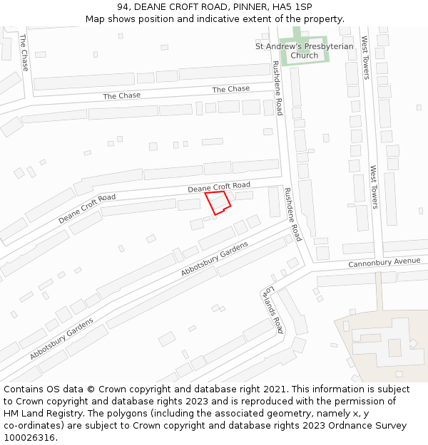 94, DEANE CROFT ROAD, PINNER, HA5 1SP: Location map and indicative extent of plot