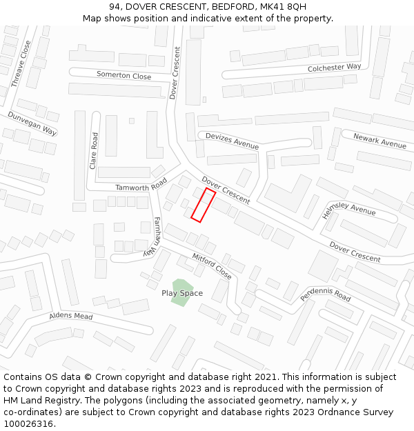 94, DOVER CRESCENT, BEDFORD, MK41 8QH: Location map and indicative extent of plot