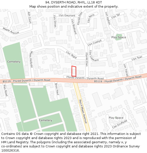 94, DYSERTH ROAD, RHYL, LL18 4DT: Location map and indicative extent of plot