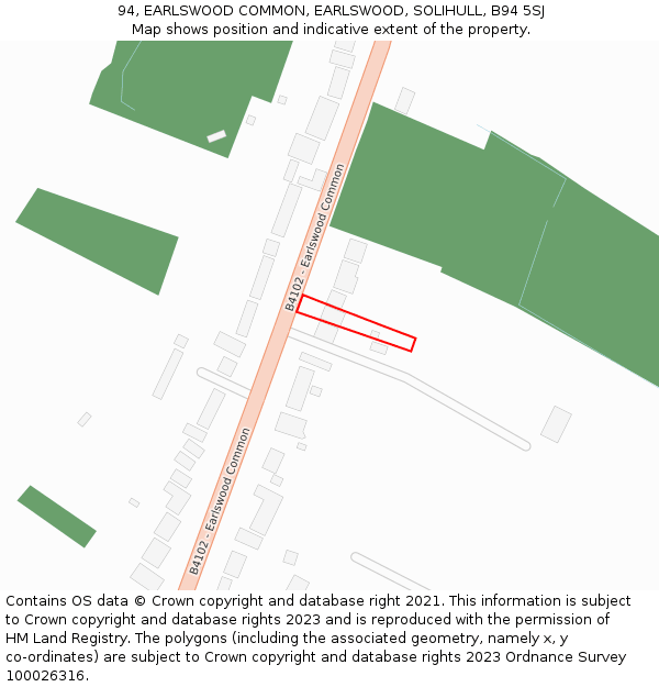 94, EARLSWOOD COMMON, EARLSWOOD, SOLIHULL, B94 5SJ: Location map and indicative extent of plot