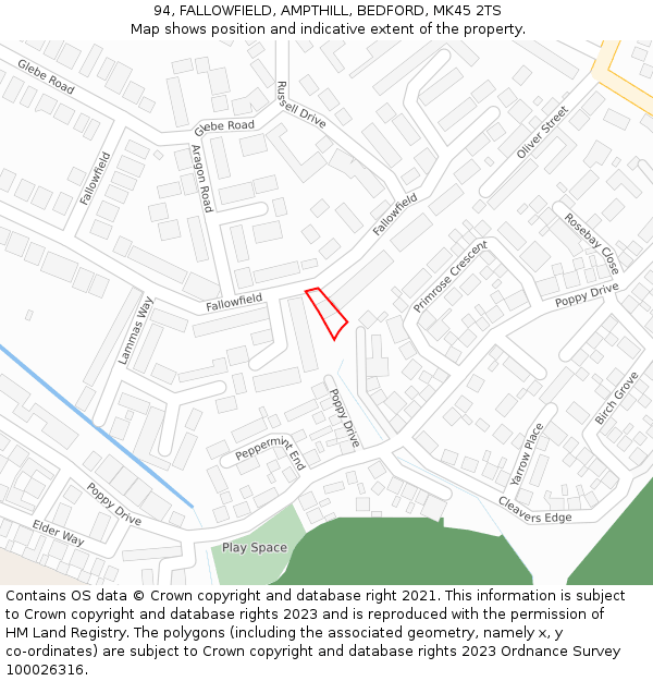 94, FALLOWFIELD, AMPTHILL, BEDFORD, MK45 2TS: Location map and indicative extent of plot
