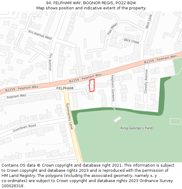 94, FELPHAM WAY, BOGNOR REGIS, PO22 8QW: Location map and indicative extent of plot