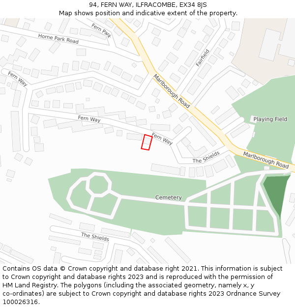 94, FERN WAY, ILFRACOMBE, EX34 8JS: Location map and indicative extent of plot