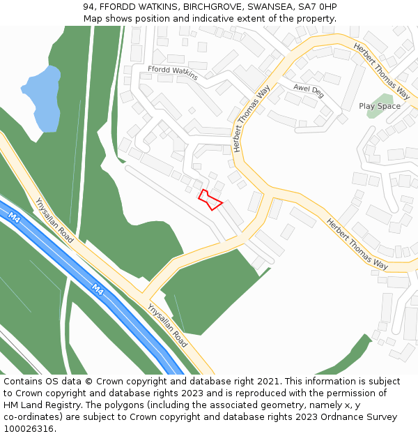 94, FFORDD WATKINS, BIRCHGROVE, SWANSEA, SA7 0HP: Location map and indicative extent of plot