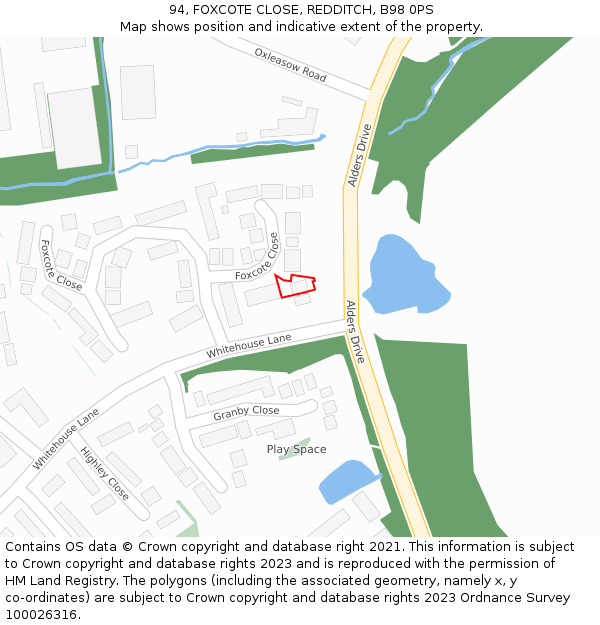 94, FOXCOTE CLOSE, REDDITCH, B98 0PS: Location map and indicative extent of plot