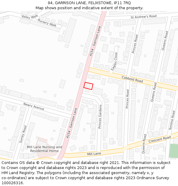 94, GARRISON LANE, FELIXSTOWE, IP11 7RQ: Location map and indicative extent of plot