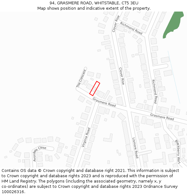 94, GRASMERE ROAD, WHITSTABLE, CT5 3EU: Location map and indicative extent of plot