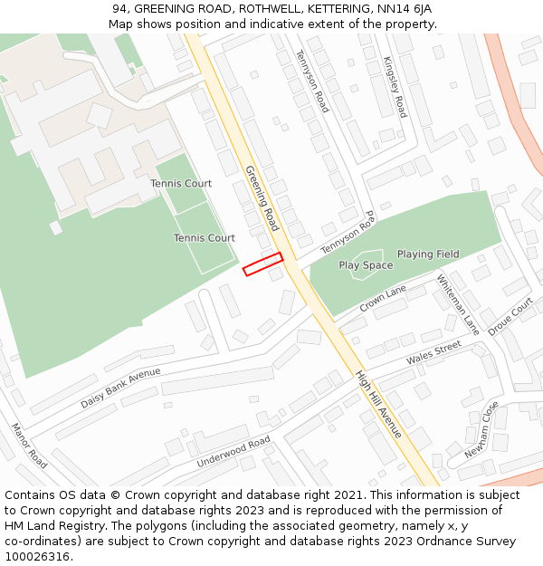 94, GREENING ROAD, ROTHWELL, KETTERING, NN14 6JA: Location map and indicative extent of plot