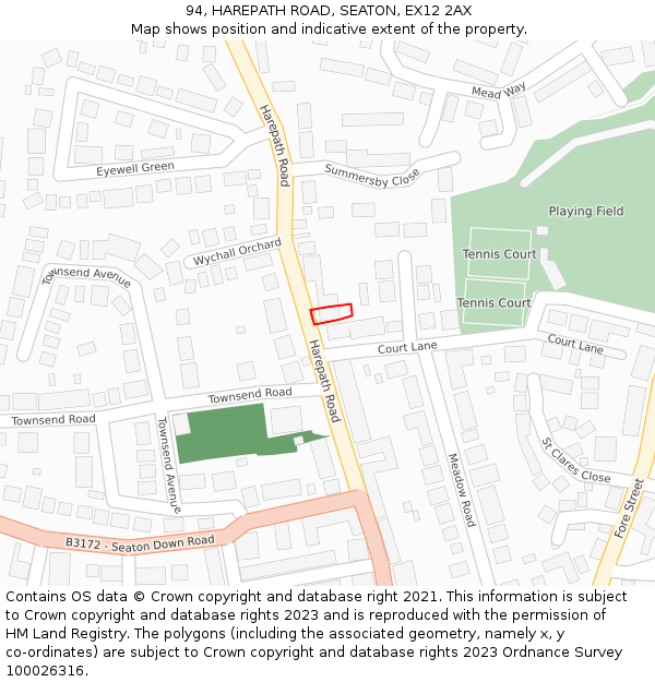 94, HAREPATH ROAD, SEATON, EX12 2AX: Location map and indicative extent of plot