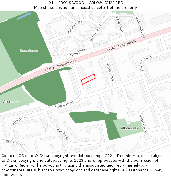 94, HERONS WOOD, HARLOW, CM20 1RS: Location map and indicative extent of plot