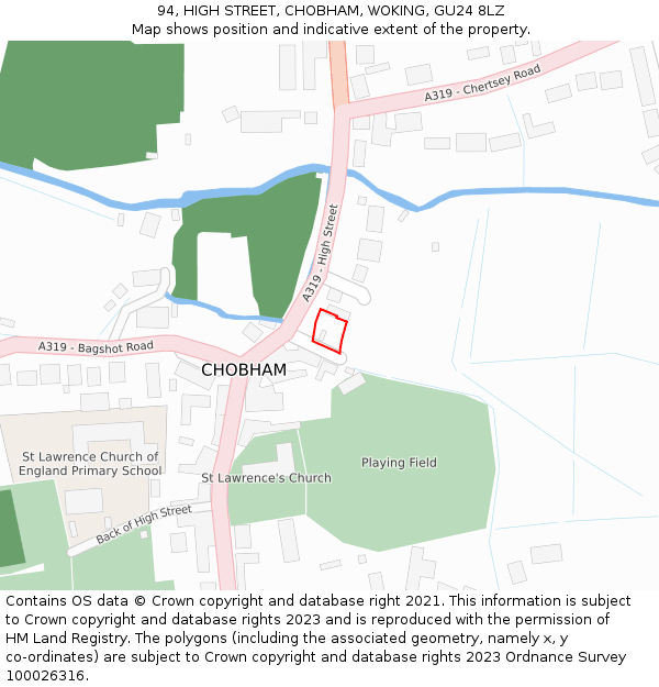 94, HIGH STREET, CHOBHAM, WOKING, GU24 8LZ: Location map and indicative extent of plot