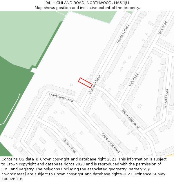 94, HIGHLAND ROAD, NORTHWOOD, HA6 1JU: Location map and indicative extent of plot