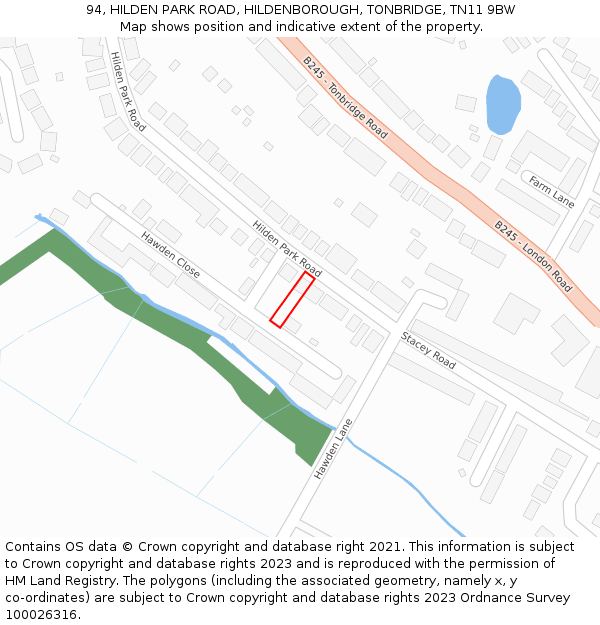 94, HILDEN PARK ROAD, HILDENBOROUGH, TONBRIDGE, TN11 9BW: Location map and indicative extent of plot