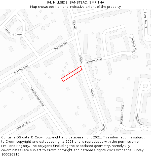 94, HILLSIDE, BANSTEAD, SM7 1HA: Location map and indicative extent of plot