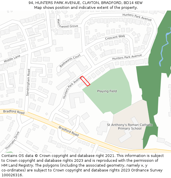 94, HUNTERS PARK AVENUE, CLAYTON, BRADFORD, BD14 6EW: Location map and indicative extent of plot