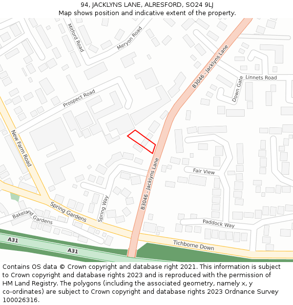 94, JACKLYNS LANE, ALRESFORD, SO24 9LJ: Location map and indicative extent of plot