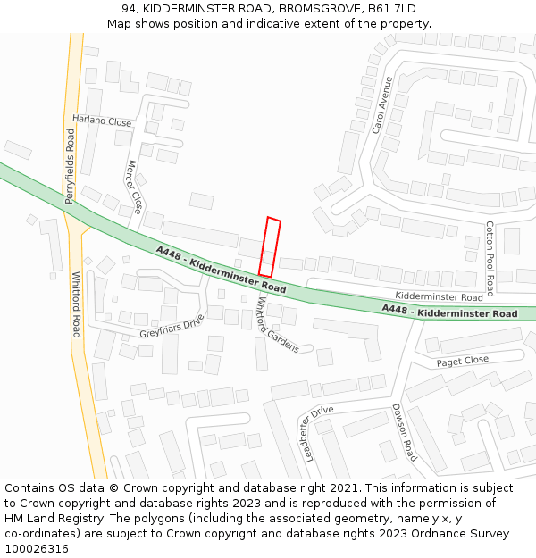 94, KIDDERMINSTER ROAD, BROMSGROVE, B61 7LD: Location map and indicative extent of plot