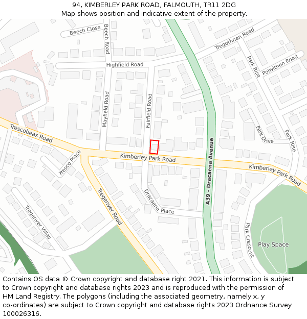 94, KIMBERLEY PARK ROAD, FALMOUTH, TR11 2DG: Location map and indicative extent of plot