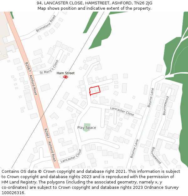 94, LANCASTER CLOSE, HAMSTREET, ASHFORD, TN26 2JG: Location map and indicative extent of plot