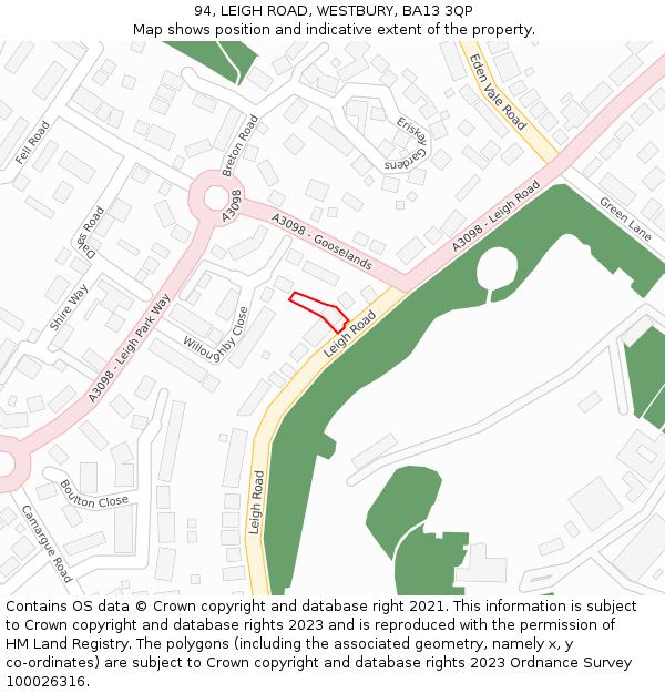 94, LEIGH ROAD, WESTBURY, BA13 3QP: Location map and indicative extent of plot