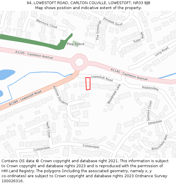 94, LOWESTOFT ROAD, CARLTON COLVILLE, LOWESTOFT, NR33 8JB: Location map and indicative extent of plot