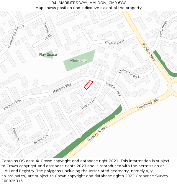 94, MARINERS WAY, MALDON, CM9 6YW: Location map and indicative extent of plot