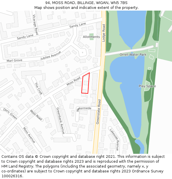 94, MOSS ROAD, BILLINGE, WIGAN, WN5 7BS: Location map and indicative extent of plot