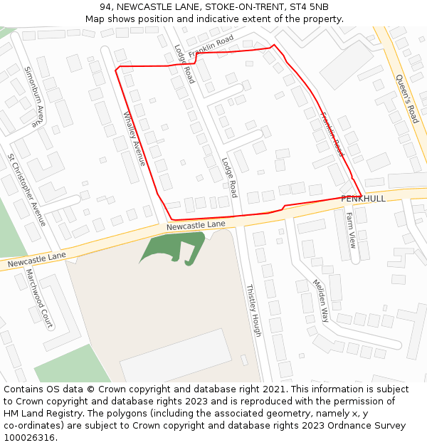 94, NEWCASTLE LANE, STOKE-ON-TRENT, ST4 5NB: Location map and indicative extent of plot