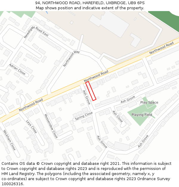 94, NORTHWOOD ROAD, HAREFIELD, UXBRIDGE, UB9 6PS: Location map and indicative extent of plot