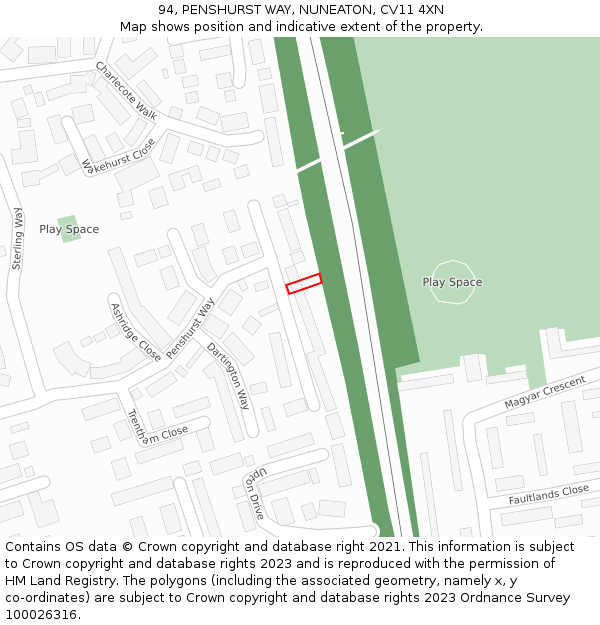 94, PENSHURST WAY, NUNEATON, CV11 4XN: Location map and indicative extent of plot