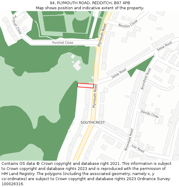 94, PLYMOUTH ROAD, REDDITCH, B97 4PB: Location map and indicative extent of plot